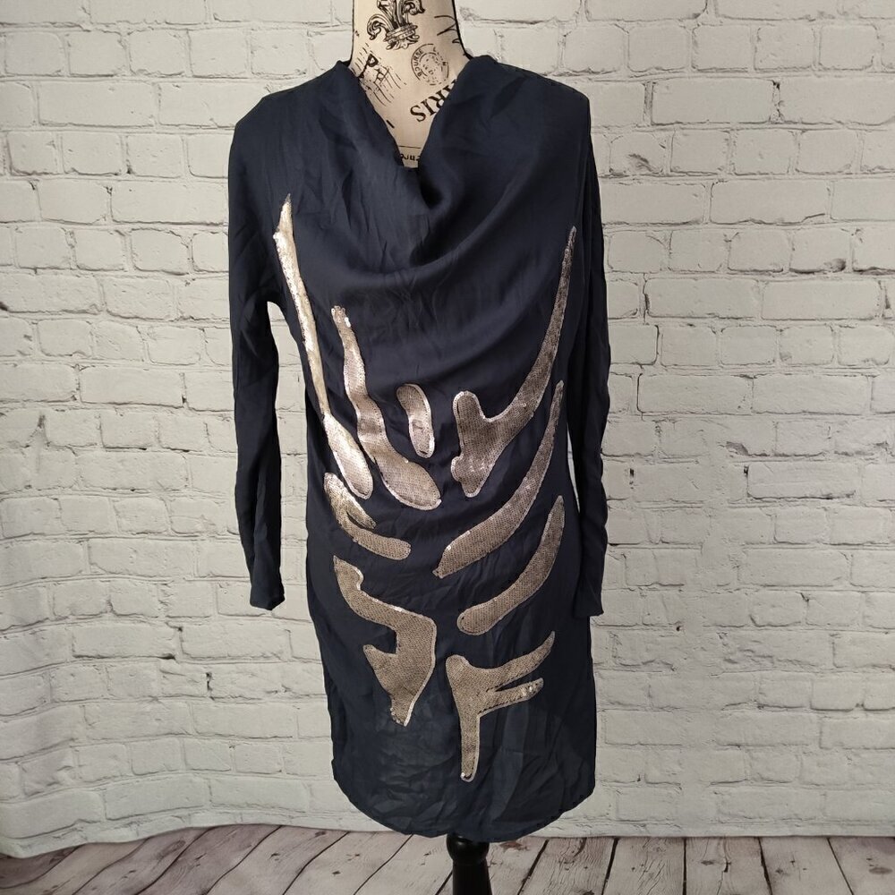 Matthew Williamson Silk Sequin Dress Blue Draped Sheath Art Deco Sz 2 - Picture 9 of 10